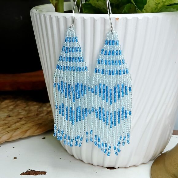 Beaded Heart Fringe Dangle Earrings, Seed Bead Jewelry, Boho Chic 4" - Picture 1 of 5